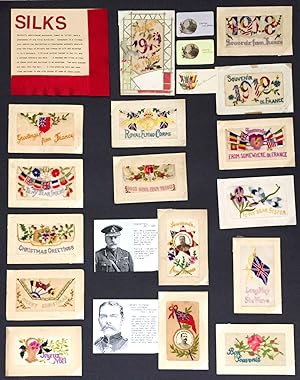 Collection of unusual World War I French Silk postcards, including two portrait silks of General ...