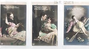 SUITE OF SIX (6) SILVER GELATIN, COLOR-EMBELLISHED POSTCARDS SHOWING COUPLES IN VARIOUS ROMANTIC ...