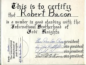 Int'l Brotherhood of Jedi Knights 4/1982-rare membership certificate & card-FN