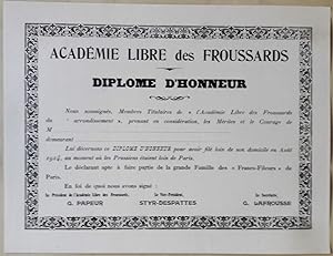 Diplôme d'honneur. Académie libre des Froussards.