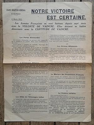 Affichette NOTRE VICTOIRE est CERTAINE - Grand Quartier Général - 8 mars 1915