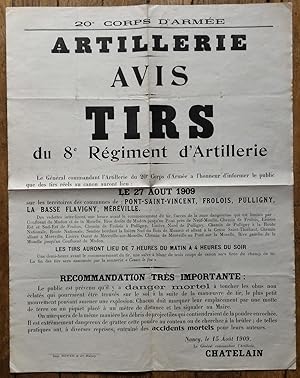 PLACARD - en-tête 20° Corps d'Armée - ARTILLERIE - Avis TIRS du 8° Régiment d'Artillerie - 1909