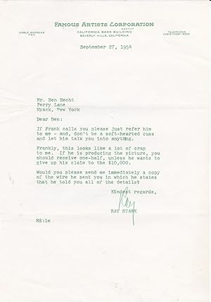 FIVE TYPED LETTERS SIGNED by the Hollywood Producer & Agent RAY STARK to the Novelist & Screenwri...