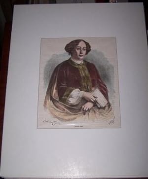 Hand Colored Wood Engraved Portrait of George Sand from a design by Emile Bayard engraved by E. Y...