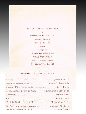 James A. Michener Headlines in 1929 Swarthmore Performance Program as Orsino in Shakespeare's "Tw...