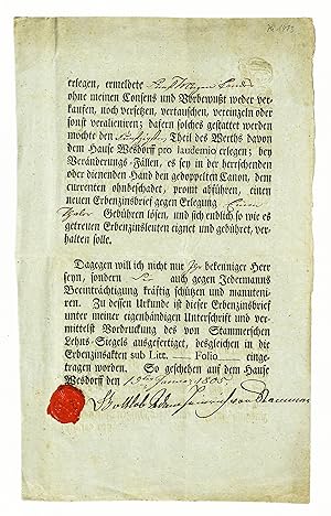 Gedruckte und handschriftlich ausgefüllte Urkunde mit Lacksiegel und U.