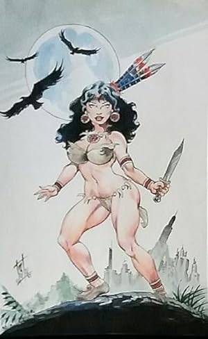 Original Butch Burcham Cavewoman Fantasy Comic Art Painting, Good Girl (Brunette)