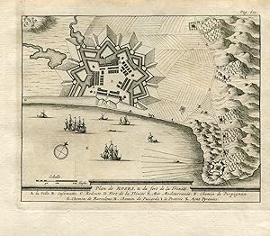 Gerona. Plano de Roses & du fort de la Trinité. Grabado por Pieter van der Aa en 1707