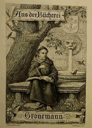 Ex Libris: Aus der Bücherei Gronemann. Motiv: Mönch auf einer Steinbank unter einem alten Baum si...