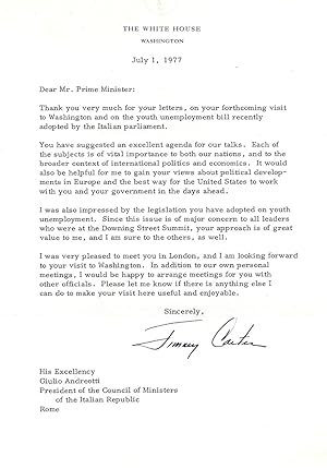 TYPED LETTER SIGNED (TLS) as President to the Prime Minister of Italy