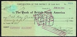 Cancelled Cheque drawn on the Bank of British North America, Victoria, BC Branch; 1912