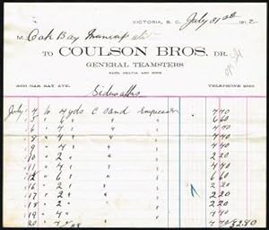 Coulson Brothers, General Teamsters; Commercial; Invoice, Victoria, BC,. 1912