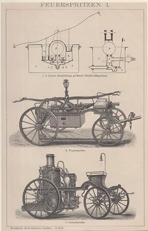 Orig. Holzstich - Feuerwehr - Die Feuerspritzen.