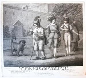 [Antique print stipple etching, British] Launce Teaching his Dog (hond) Crab, to Behave as a Dog ...