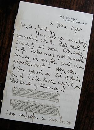 Autograph letter to Jabez Hogg promoting a pamphlet, 1875