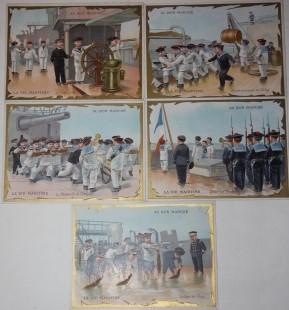 Five Au Bon Marché Cards from the Series "La Vie Maritime" Depicting Children in the Navy