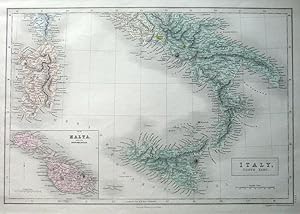 Antique Map MALTA, GOZO, SICILY, SARDINIA, S. ITALY, A&C Black original c1870