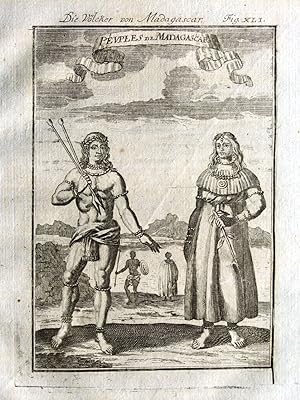 MADAGASCAR, MALE & FEMALE NATIVES, Allain Mallet 1719 Antique Print
