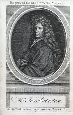 THOMAS BETTERTON, London Actor, original antique portrait print 1754