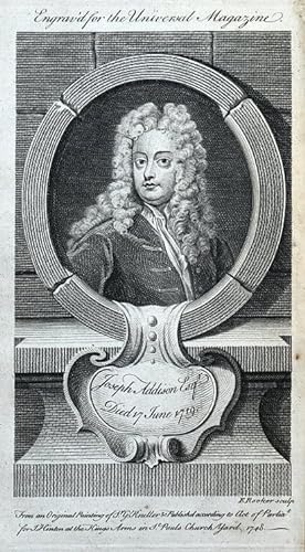 JOSEPH ADDISON, English writer, politician original antique portrait print 1748