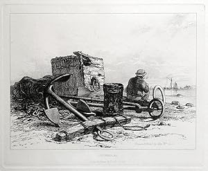 ANCHORS, QUAYSIDE SCENE, E.W.Cooke antique ship maritime print 1829