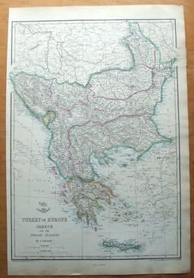 Antique Map GREECE, IONIAN Is. CROATIA,MONTENEGRO, BULGARIA,TURKEY original c1855