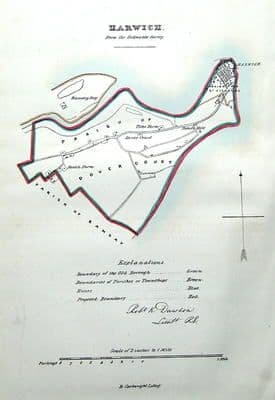 HARWICH, ESSEX Dawson Hand Coloured Original Antique Map 1832