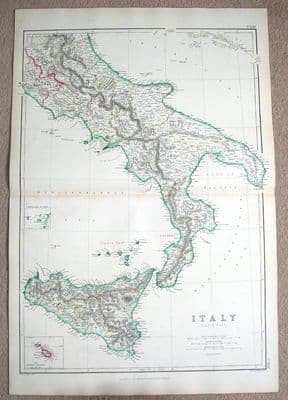 Antique Map ITALY SOUTH, SICILY, MALTA, Hughes 1860