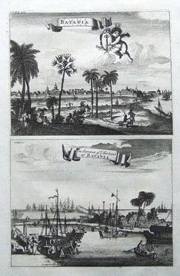 JAKARTA, JAVA, JAWA, CHURCHILL'S VOYAGES,Pair of original antique prints 1744.