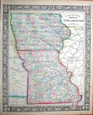 Antique Map USA, IOWA & MISSOURI Augustus Mitchell Original Hand Coloured 1861