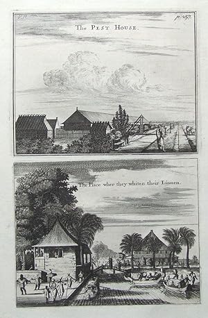 JAKARTA,JAVA, INDONESIA, PEST HOUSE, CHURCHILL'S VOYAGES pair antique prints 1744