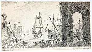 [Antique print, etching] Harbour scene with a Lage Arch on the Quay (Haven bij de kade), publishe...