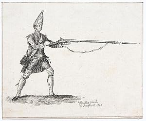 Antique print, etching | Spectamur Agendo / Soldier with a baionet, published 1753, 1 p.