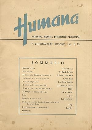 HUMANA. Rassegna mensile scintifico-filosofica. N. 2. nuova serie, ottobre 1845.