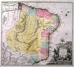 RECENS ELABORATA MAPPA GEOGRAPHICA REGNI BRASILIAE IN AMERICA MERIDIONALI. . Map of Brazil with l...