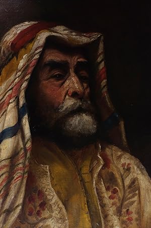 [Portrait of a man in traditional Arab garb].Tripoli, 1914. Oil on canvas (51 x 40.5 cm), with ar...