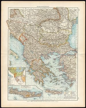 Antique Map-GREECE-BALKAN-CRETE-SERBIA-CROATIA-ALBANIA-EUROPE-Andree-1904
