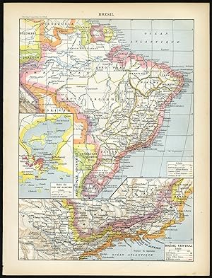 Antique Map-Print-BRASIL-COSTUME-ANIMALS-ORCHIDS-CACAO-Larousse-1897