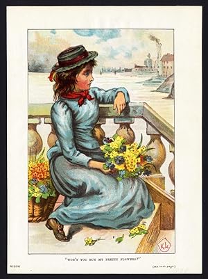 Antique Print-GIRL-SELLING FLOWERS-1878