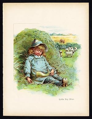 Antique Print-LITTLE BOY BLUE-HORN-COUNTRY SIDE-CATTLE-SHEEP-NURSERY RHYME-1895