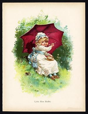 Antique Print-LITTLE MISS MUFFET-YOUNG GIRL-SPIDER-NURSERY RHYME-1895