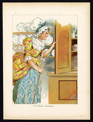 Antique Print-OLD MOTHER HUBBARD-KITCHEN-GRANNY-NURSERY RHYME-1895