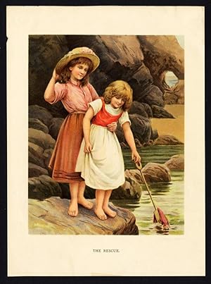 Antique Print-YOUNG GIRLS RESCUE A DOLL-1895