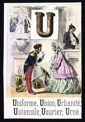Antique Print-FRENCH ALPHABET-LETTER U-UNIFORM-URN-UTENSILS-1850