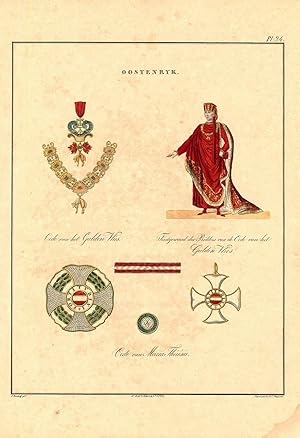 Rare Print-MILITARY ORDERS-GOLDEN FLEECE-MARIA THERESIA-PL 24-Rochemont-1843