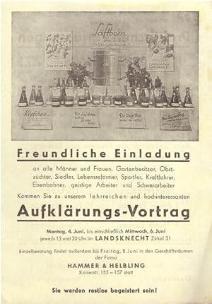 Flugblatt für einen "Aufklärungs-Vortrag" in Karlsruhe im "Landsknecht am 6. Juni über Konservier...
