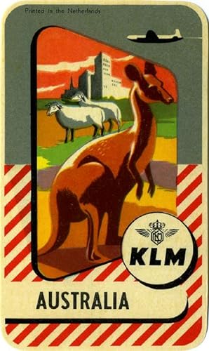 KLM, Australia; airline label for the Dutch airline with image of kangaroo, sheep