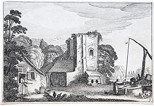 Farmyard with square ruined tower, used as a barn [Set: Amenissimae aliquot regiunculae. ] on the...