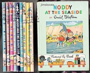 lot of 10 Noddy books w/djs, 7 At Seaside, 9 Magic Rubber, 11 Meets Father Christmas, 12 Tessie B...