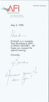 Enclosed is a momento . . .Notecard with hand-written signed dedication to Herb Yellin, May 5, 1998.